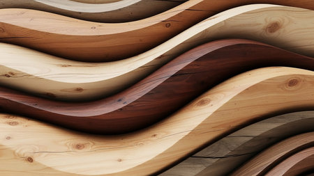 A close-up view of smooth, curved wooden planks arranged in flowing lines, displaying a gradient of natural brown and cream tones with visible wood grain.の素材