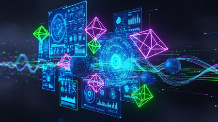 An abstract digital representation of a network with glowing geometric shapes, data screens, and colorful data streams against a dark background.の素材