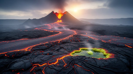 A volcano erupts with molten lava flowing across a dark, rugged landscape under a dramatic, smoky sky with the sun setting.の素材