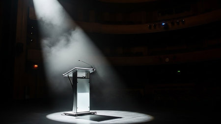 An empty stage with a modern podium illuminated by a dramatic spotlight cutting through smoke in a dark auditorium.の素材