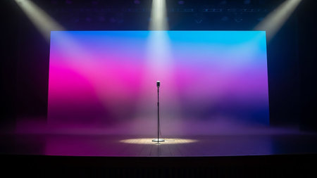 A solitary vintage microphone stands on a wooden stage under a vibrant pink and blue gradient backdrop, illuminated by dramatic spotlights and wisps of fog.の素材