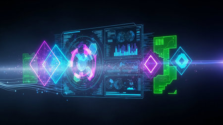 A futuristic digital interface displays glowing neon geometric shapes and data visualizations against a dark background with light streaks.の素材