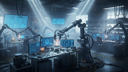 A futuristic robotics laboratory filled with multiple robotic arms working at stations equipped with computer screens displaying data, under dramatic industrial lighting.の素材