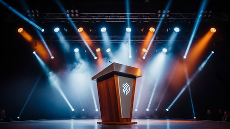 A wooden podium stands center stage under dramatic spotlights and smoke effects, creating an atmosphere for a presentation or speech.の素材