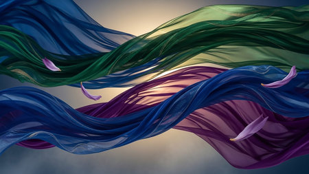 Flowing sheer fabric in shades of blue, green, and purple creates elegant waves, with delicate petals falling gently.の素材