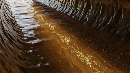 A close-up view of swirling golden liquid with dynamic light reflections and tiny suspended particles, creating a rich textured background.の素材