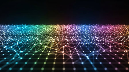 An abstract visualization of a digital network with glowing interconnected dots and lines forming a grid in vibrant rainbow colors on a dark background.の素材