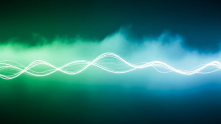 A luminous white waveform oscillates across a dark background with a gradient of green and blue nebula-like clouds.の素材