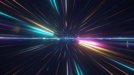 An abstract depiction of traveling through a light tunnel with streaks of neon cyan, pink, and yellow against a dark background.の素材