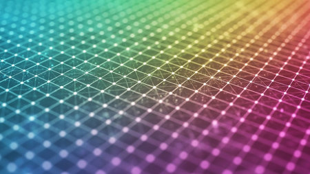 An abstract digital network visualization with white dots connected by lines, set against a vibrant rainbow gradient background in perspective.の素材