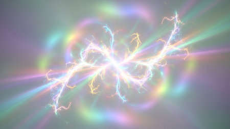 A vibrant abstract fractal pattern featuring rainbow-colored lightning bolts and glowing energy rings against a soft, diffused background.の素材