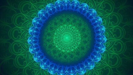 A symmetrical, concentric mandala pattern in shades of blue and green, composed of glowing luminous lines against a dark background.の素材