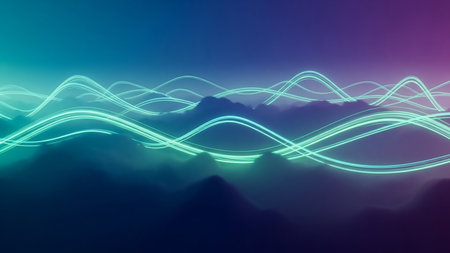 Abstract glowing turquoise light trails weave over misty mountains under a gradient blue and purple sky, creating an ethereal and atmospheric scene.の素材