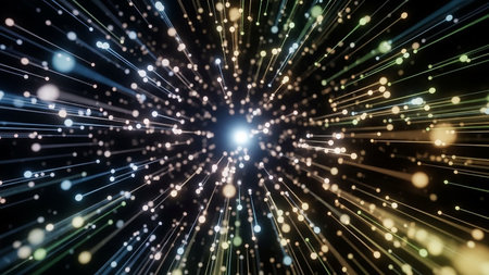 A dark background with a bright light at the center, radiating outwards with numerous glowing particles and light streaks in various colors.の素材