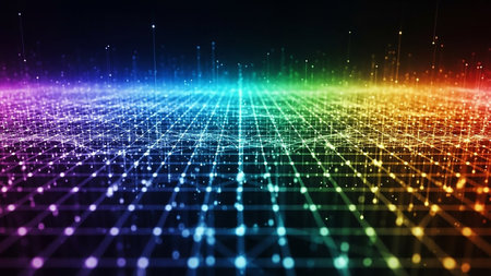 An abstract digital network grid with glowing rainbow colored nodes and connecting lines against a dark background, representing data and connectivity.の素材