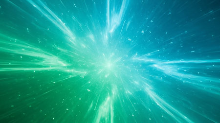 Abstract streaks of glowing green and blue light burst outwards from a bright central point, creating a sense of cosmic motion and energy.の素材