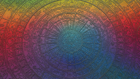 A circular astrological wheel in rainbow colors, featuring celestial symbols and zodiac signs arranged in concentric rings.の素材