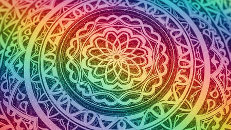 A close-up view of a circular mandala with intricate geometric patterns, rendered in a vibrant rainbow gradient with a speckled texture.の素材