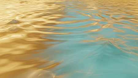 A close-up view of a rippling water surface with shimmering golden reflections blending into a calm teal blue.の素材