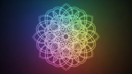A detailed white geometric mandala pattern with swirling elements and intricate loops, set against a vibrant rainbow gradient background.の素材