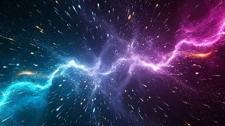 A vibrant cosmic nebula with swirling blue and purple clouds, illuminated by glowing particles and streaks of light, suggesting interstellar travel and vastness.の素材