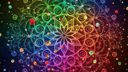 A vibrant, colorful rainbow mandala with intricate geometric patterns and sparkling gems scattered throughout the design.の素材