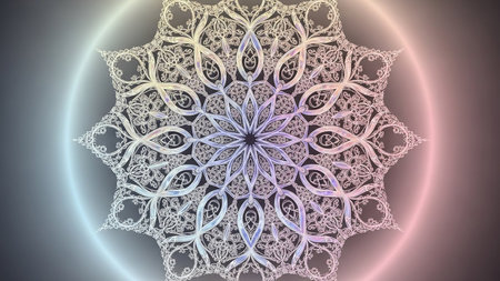A delicate white fractal mandala with intricate patterns, surrounded by a soft, glowing pastel-colored halo on a gradient background.の素材