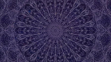 A delicate white filigree mandala pattern with intricate geometric and floral elements repeats across a deep indigo background with subtle starry textures.の素材