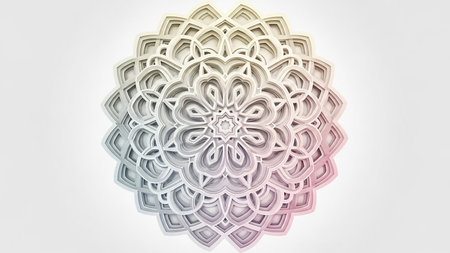 A detailed, layered mandala design with intricate geometric patterns and a subtle pastel color gradient, presented on a clean white background.の素材