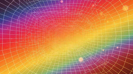 A 3D wireframe tunnel with a vibrant rainbow gradient and floating particles creates a sense of infinite depth and futuristic digital motion.の素材