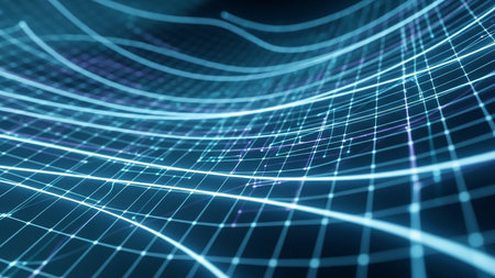 Abstract blue neon grid lines curve and intersect in a dark digital space, creating a sense of depth and motion.の素材