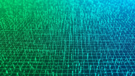 An abstract digital grid with glowing green and blue particles and lines creates a sense of depth and futuristic data visualization.の素材