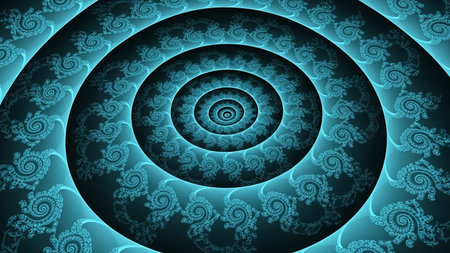 A hypnotic, glowing cyan spiral fractal pattern with intricate, swirling organic motifs creating a sense of depth and movement.の素材