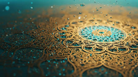 A close-up of an intricate golden mandala design with numerous small water droplets falling and splashing on a textured teal surface.の素材