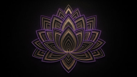 A detailed geometric lotus flower design with layered petals and a vibrant neon purple outline, set against a dark black background.の素材