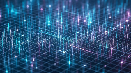 An abstract digital grid with glowing blue and pink vertical light streaks and interconnected lines, suggesting a network.の素材