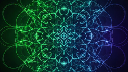 A detailed fractal mandala with symmetrical patterns, transitioning from vibrant green to deep blue, creating a mesmerizing and ethereal visual.の素材