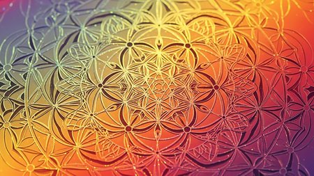 A detailed, golden sacred geometry pattern resembling the Flower of Life, set against a vibrant rainbow gradient background with subtle sparkles.の素材