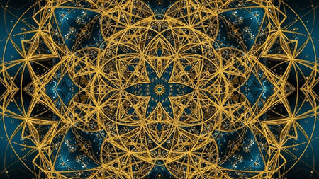 A detailed golden geometric mandala pattern with sparkling glitter against a deep teal background, creating a luxurious and intricate design.の素材