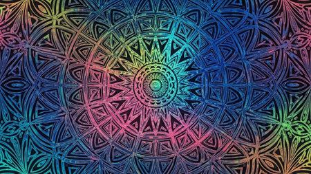 A vibrant, intricate geometric mandala pattern with rainbow tie-dye colors and a textured black background.の素材