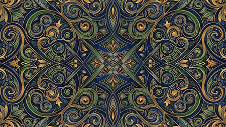 A detailed and ornate symmetrical pattern featuring gold and green floral swirls and flourishes against a dark blue background.の素材