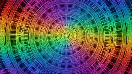 A highly detailed circular mandala pattern displays a vibrant rainbow spectrum with intricate geometric elements in a symmetrical design.の素材