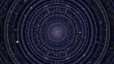 An intricate circular astronomical chart displays concentric rings filled with celestial symbols and constellations against a dark background.の素材