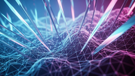 Abstract visualization of a digital network with sharp, glass-like shards piercing through a grid of lines and points in blue and pink light.の素材