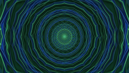 A mesmerizing abstract pattern of concentric geometric layers in shades of blue and green, creating a deep tunnel effect.の素材