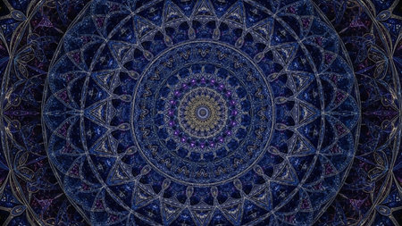 A deep blue and purple kaleidoscope mandala features intricate starburst patterns and detailed textures with hints of gold and silver.の素材