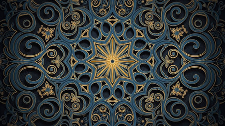 A symmetrical mandala pattern with intricate golden swirls and teal geometric shapes on a dark background.の素材