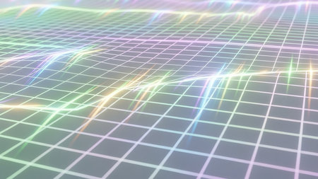 A digital grid with glowing rainbow-colored light waves and lines creates an abstract, futuristic background with a sense of motion and energy.の素材