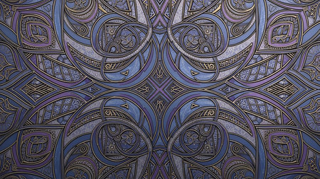 A detailed and intricate pattern featuring blue and purple knotwork with metallic gold accents, creating a decorative and ornamental design.の素材