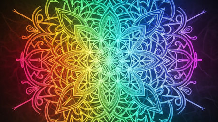 A detailed, symmetrical mandala featuring intricate geometric and floral patterns in a vibrant rainbow spectrum against a dark background.の素材